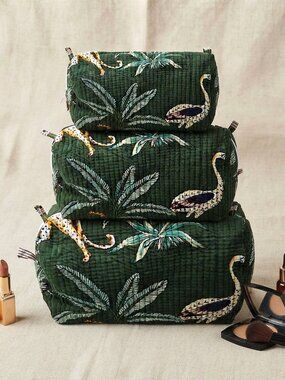 Set Of 3 Block Print Toiletry Bags, Cotton Makeup Bag, Cosmetic Bag Set Gift